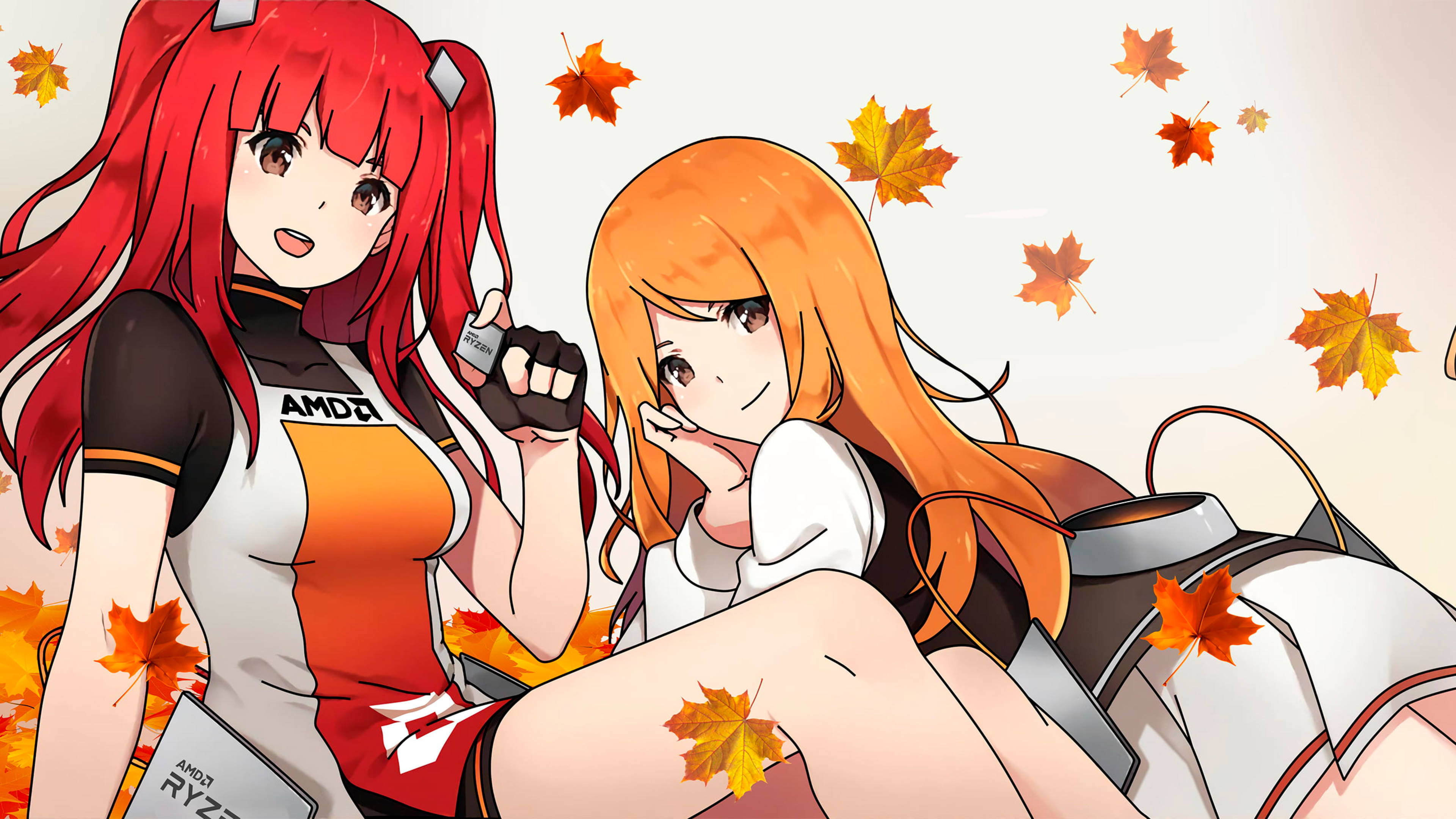 兩個紅橙色頭髮的動漫女孩坐在飄落的秋葉中，手持AMD品牌物品。 — 4K 動漫 壁紙