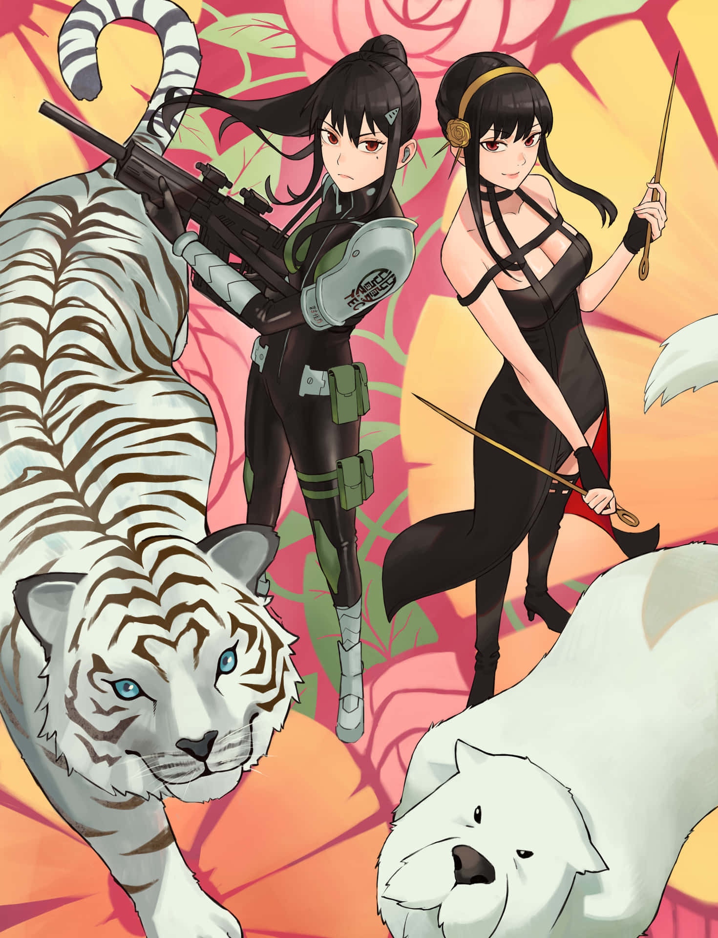  壁紙 — 兩個動漫女孩手持武器，站在一隻白虎和一隻北極熊旁邊，背景是充滿活力的花卉圖案。