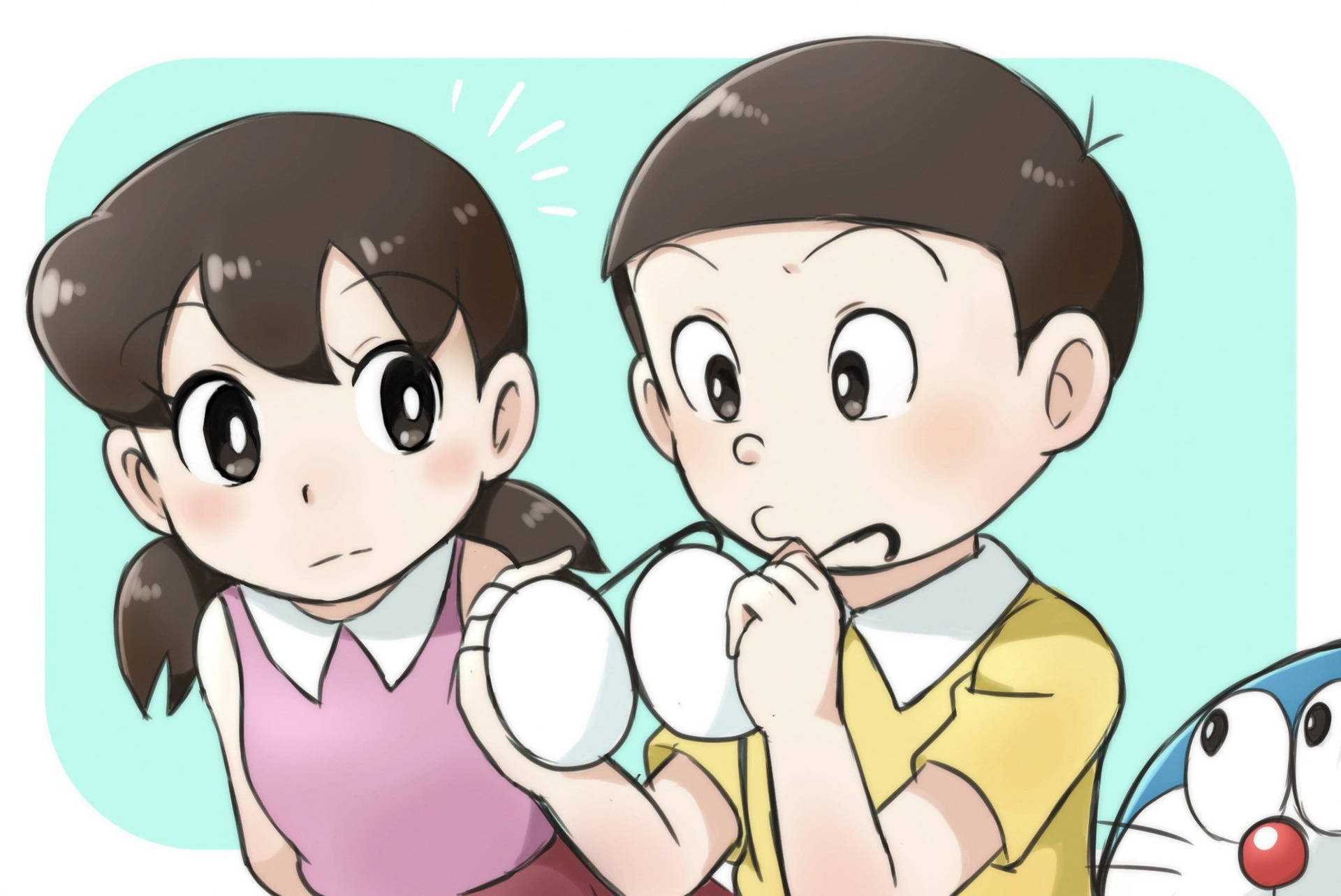 兩個動畫小孩拿著白色雞蛋，表情驚訝。