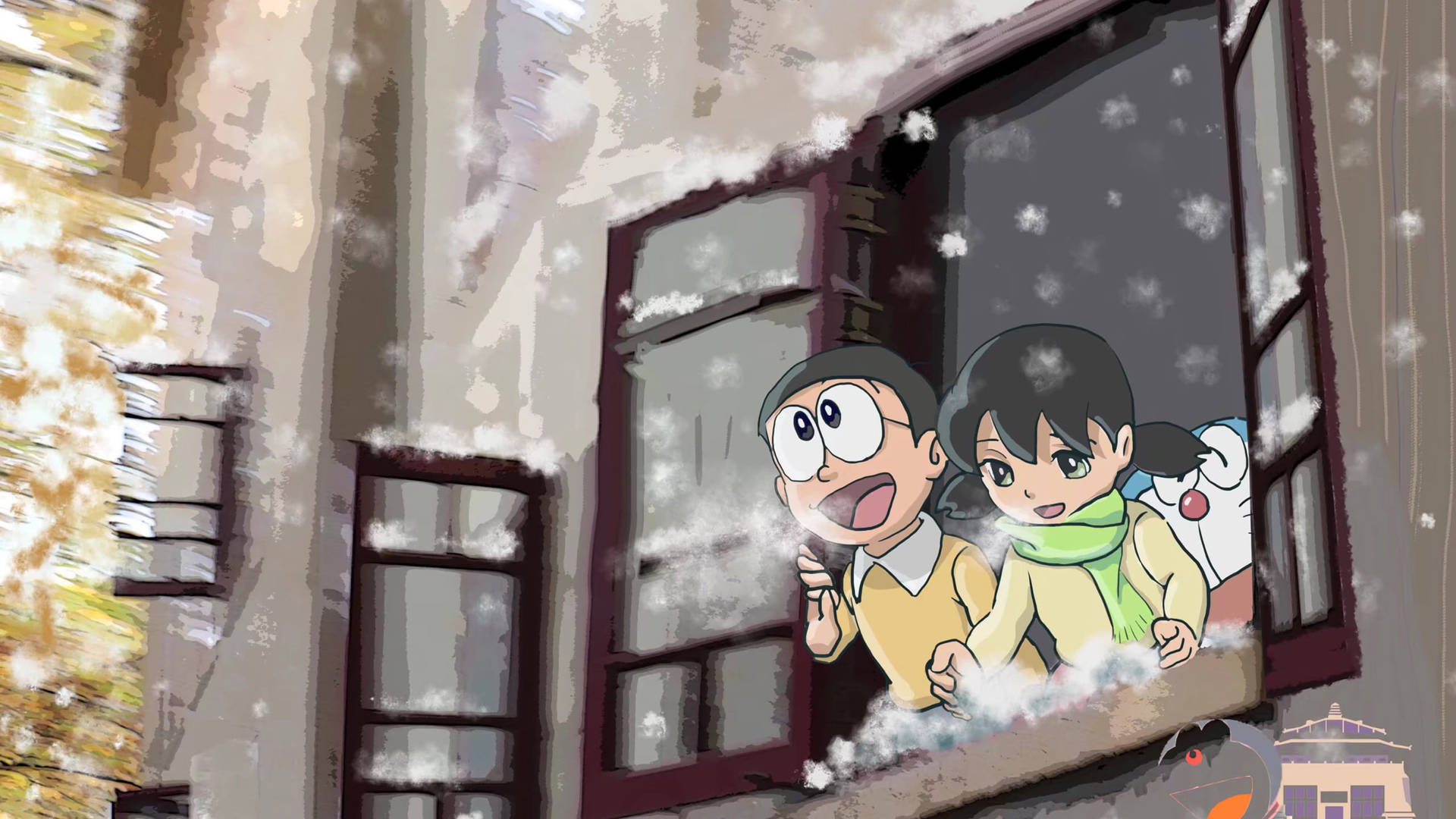 兩個戴圍巾的小孩在冬天從積雪的窗戶向外看。