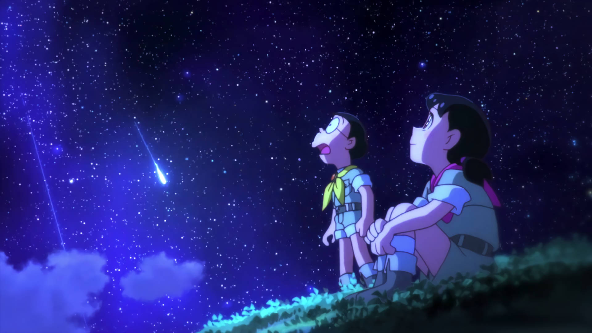 兩個孩子在繁星點點的夜空中觀看流星。