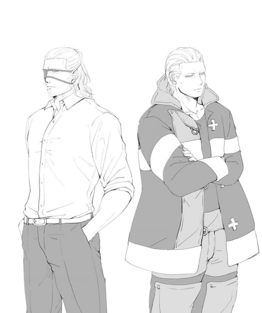  壁紙 — 兩個動漫男人背對背站立，一個蒙眼，另一個穿著醫療外套交叉雙臂。