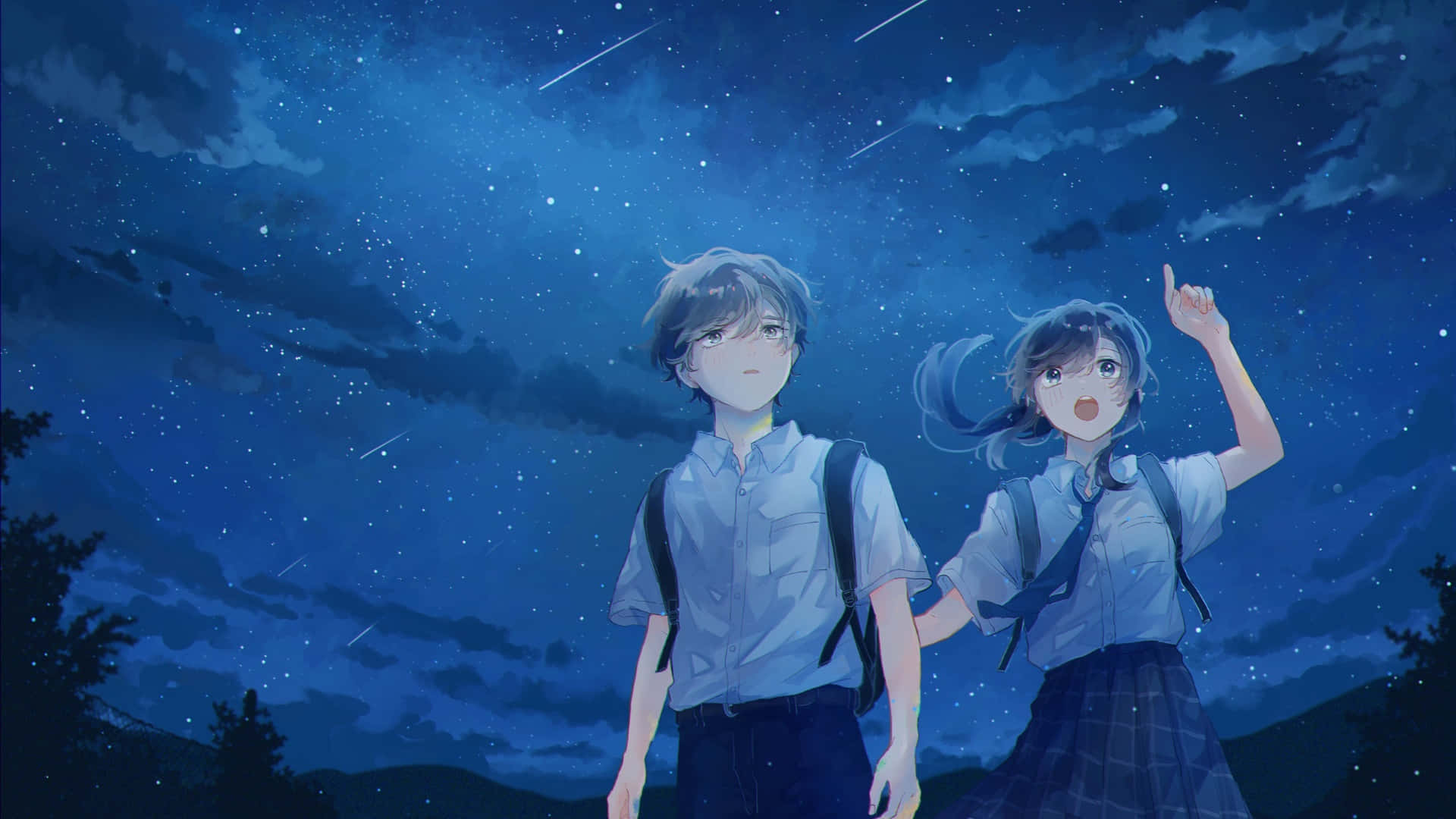  壁紙 — 兩名穿著校服的動畫學生仰望滿是流星和柔和藍雲的星空夜空。