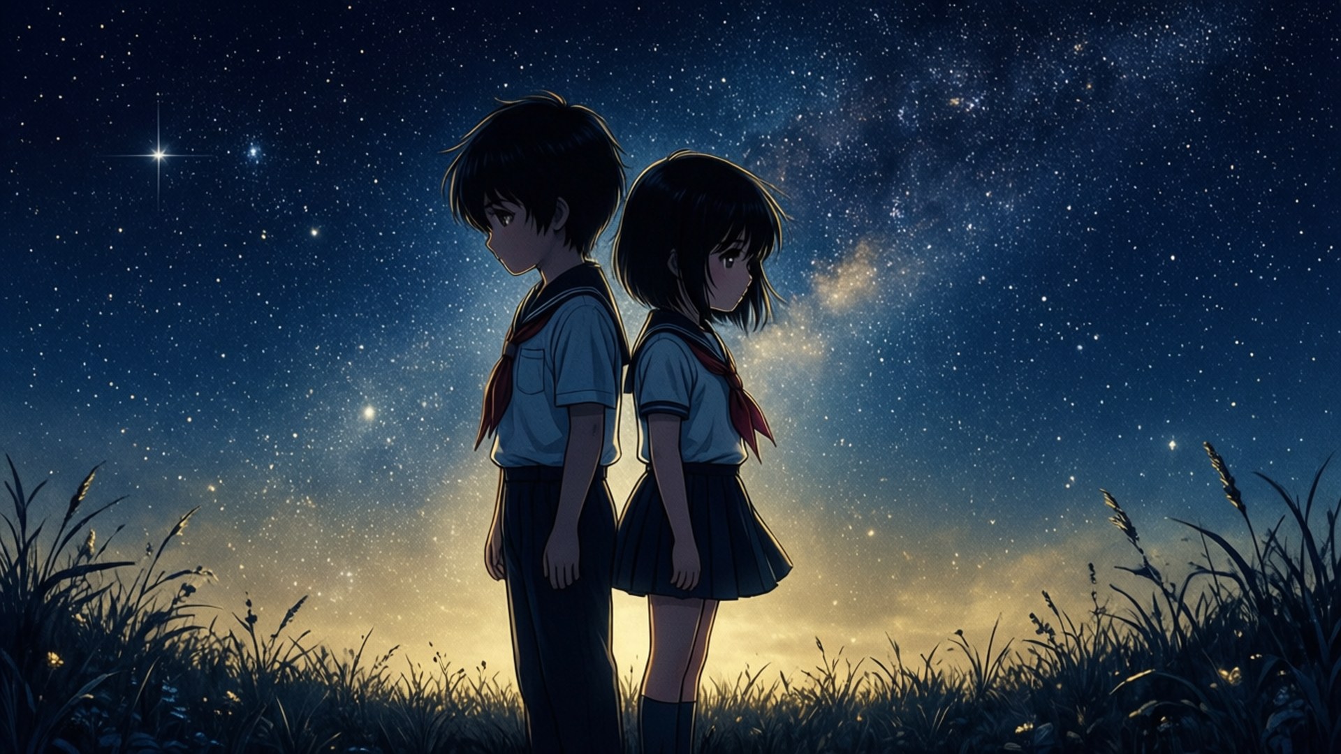 兩個穿著校服的動漫學生在星空下背對背站立。