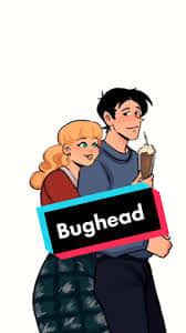  壁紙 — 兩個動漫風格角色擁抱，同時舉著一個寫有「Bughead」的牌子，背景為純白色。