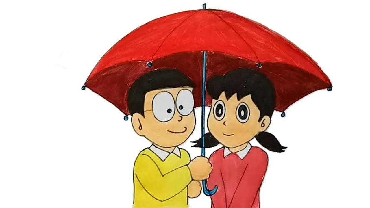 兩個微笑的小孩一起拿著一把紅色雨傘。