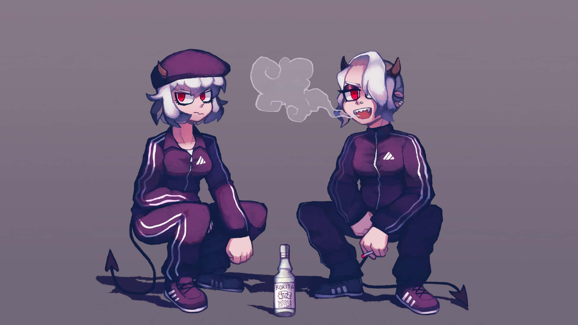  壁紙 — 兩個動漫風格的惡魔角色穿著相配的運動服坐在純色背景上，其中一個呼出煙霧，一個瓶子放在他們之間。
