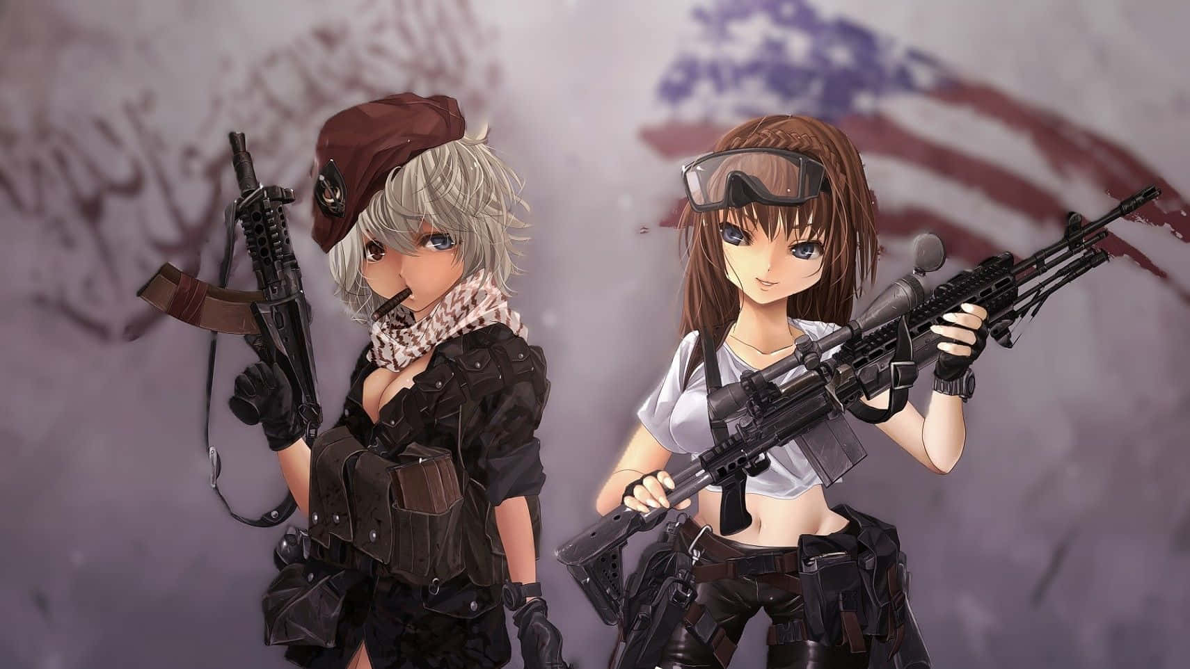  壁紙 — 兩名動漫風格的女兵穿著戰鬥裝備，手持步槍，背景是褪色的美國國旗和塗鴉。
