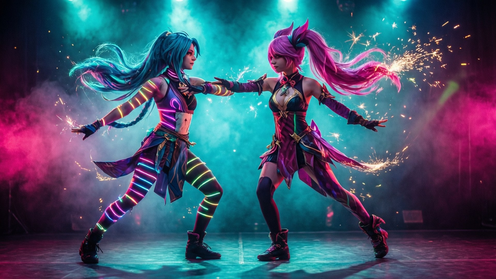 Duet of Light 壁紙 — 兩位動漫風格的戰士，擁有發光的霓虹髮型和服裝，在一個充滿電火花和彩色聚光燈的充滿活力的舞台上碰撞。