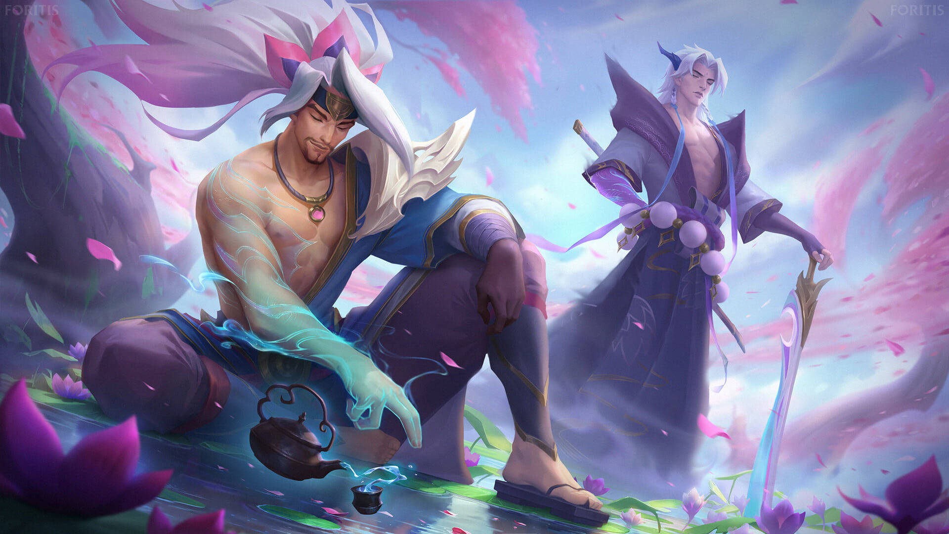 兩位動漫戰士在一個有漂浮花瓣和發光水的魔法花園中放鬆。