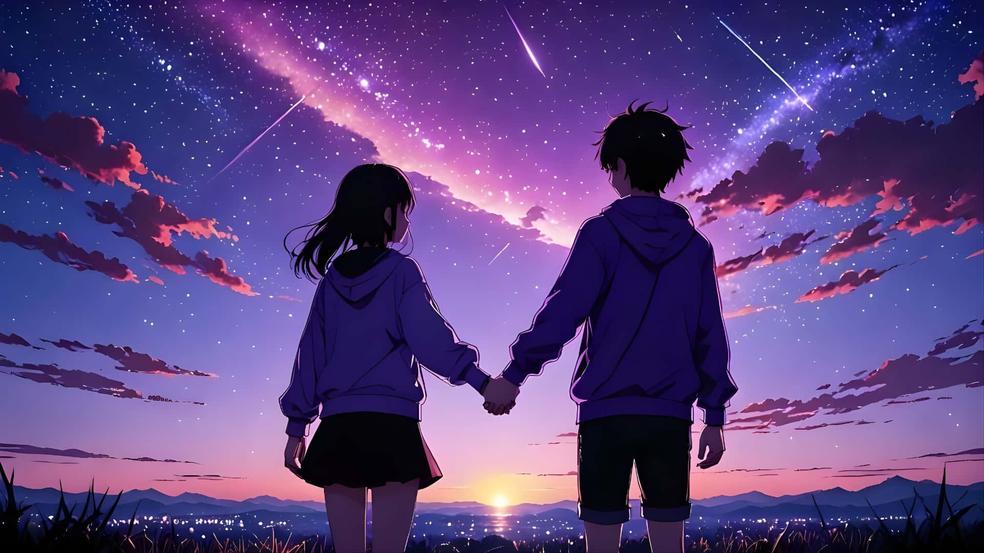  壁紙 — 兩個動漫青少年在日落時分，在充滿流星和遠處城市燈光的鮮豔紫色星空下牽手。