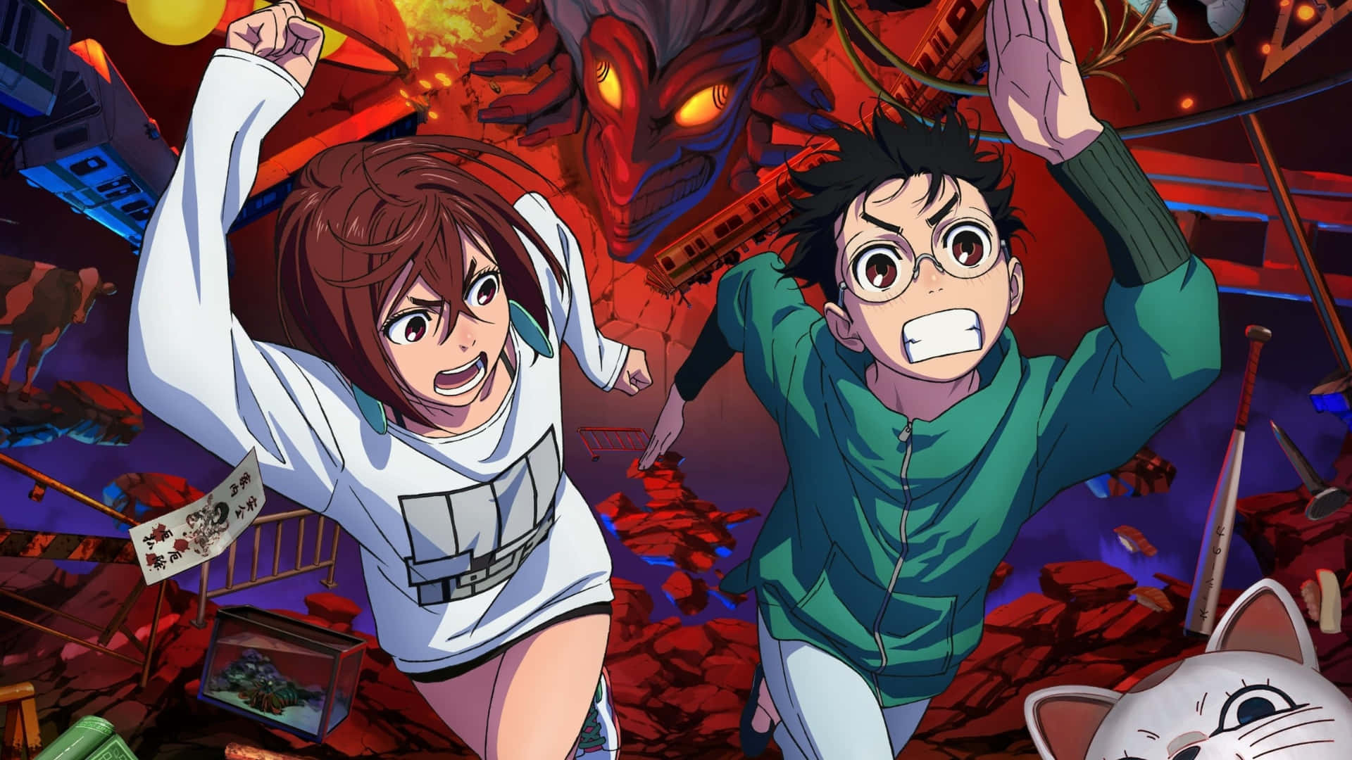  壁紙 — 兩個動畫青少年在混亂的城市廢墟中奔跑，身後有一個巨大的紅色惡魔聳立。
