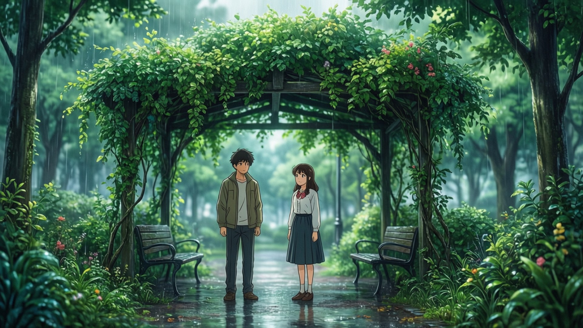 The Garden Of Words 桌布 壁紙 — 兩個動漫青少年站在一個被雨水浸透、藤蔓覆蓋的涼亭下，身處一個綠意盎然的公園，內有長椅和柔和的光芒。