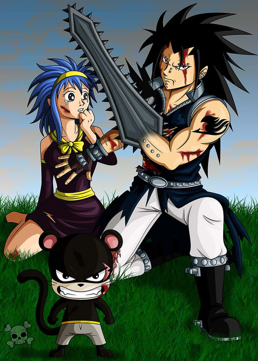  壁紙 — 兩個動漫戰士和一隻小猴子站在多雲天空下的草地上，其中一人手持巨大的尖刺劍，另一人則顯得震驚。