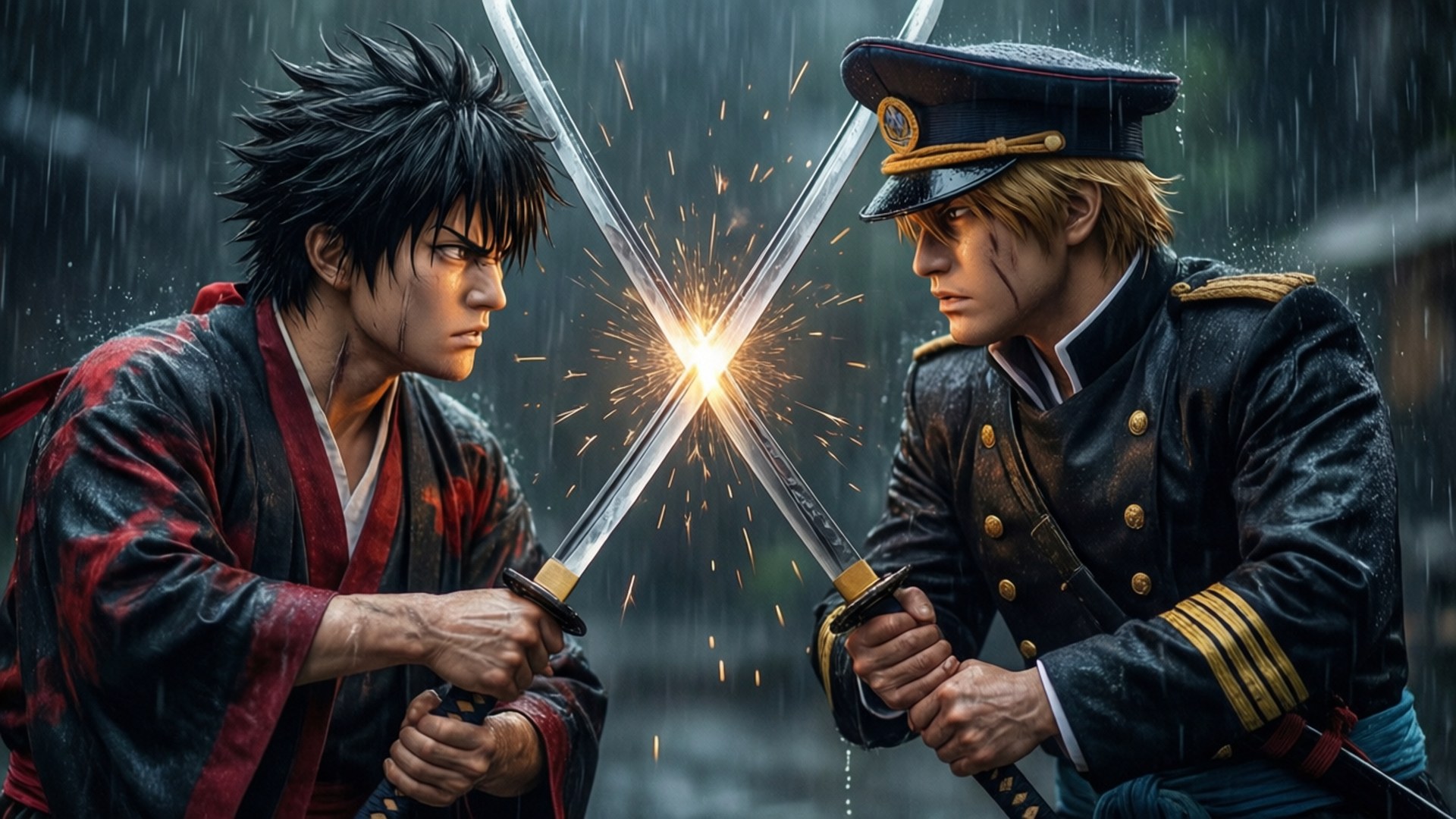 Kensei Muguruma 桌布 壁紙 — 兩位動漫戰士在暴雨中刀劍相擊，火花四濺，刀刃在戲劇性的對峙中交鋒。