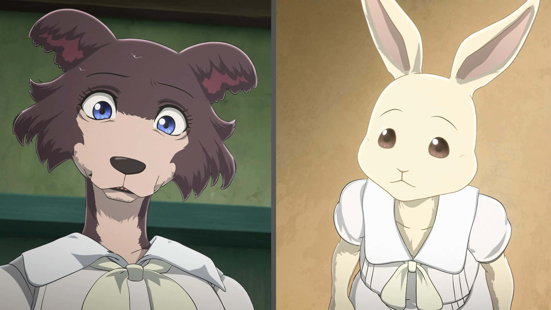  壁紙 — 兩個擬人化動物角色穿著校服，一個有棕色毛髮和藍色眼睛，另一個是白兔，兩者都向前看。