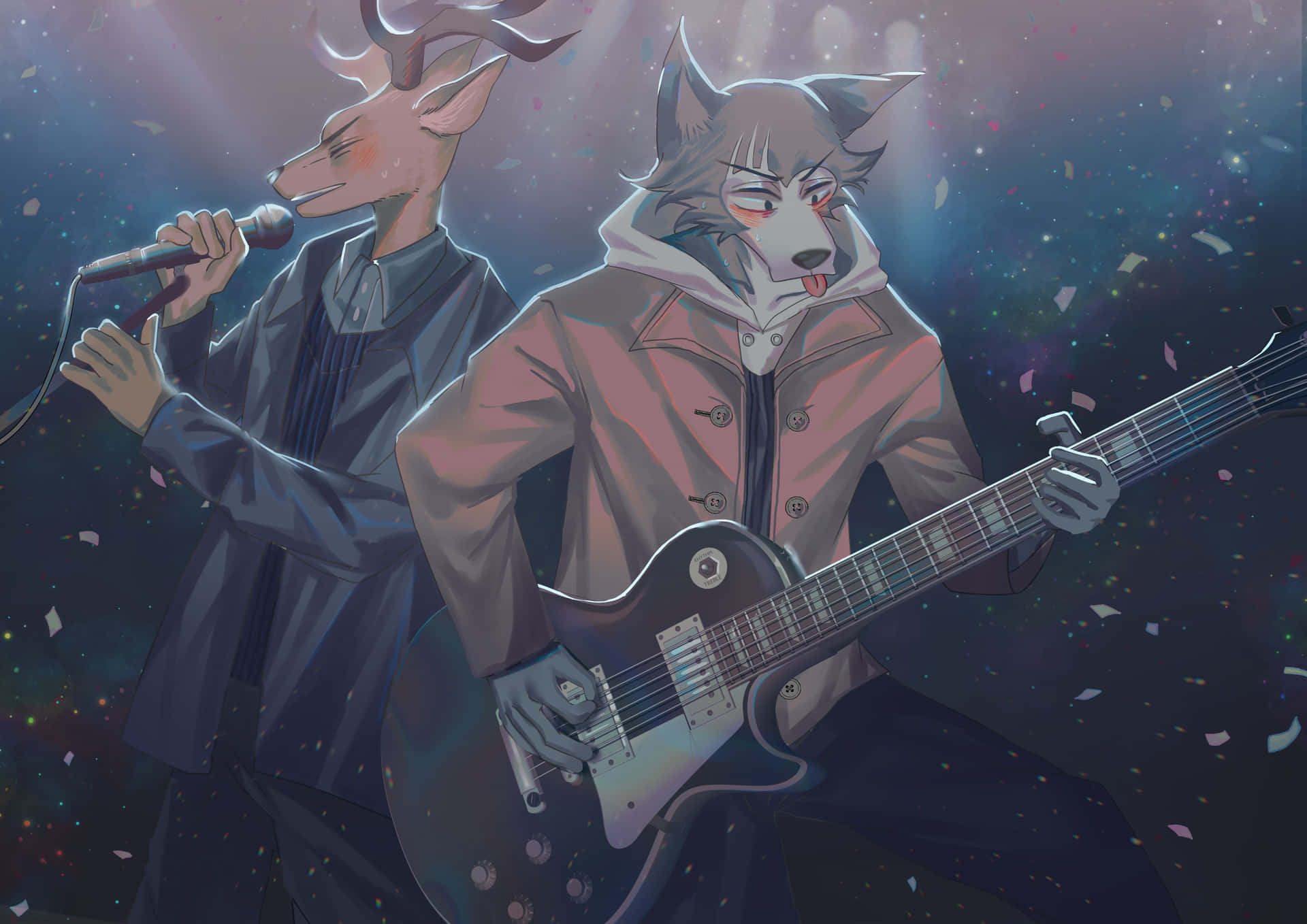  壁紙 — 兩隻擬人化動物音樂家在星光下表演，周圍有五彩紙屑飄落。