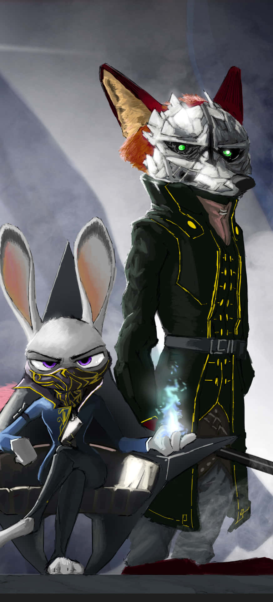  壁紙 — 兩個擬人化動物戰士身穿暗色盔甲準備就緒，一個有發光的綠色眼睛，另一個有紫色眼睛，手持發光武器。