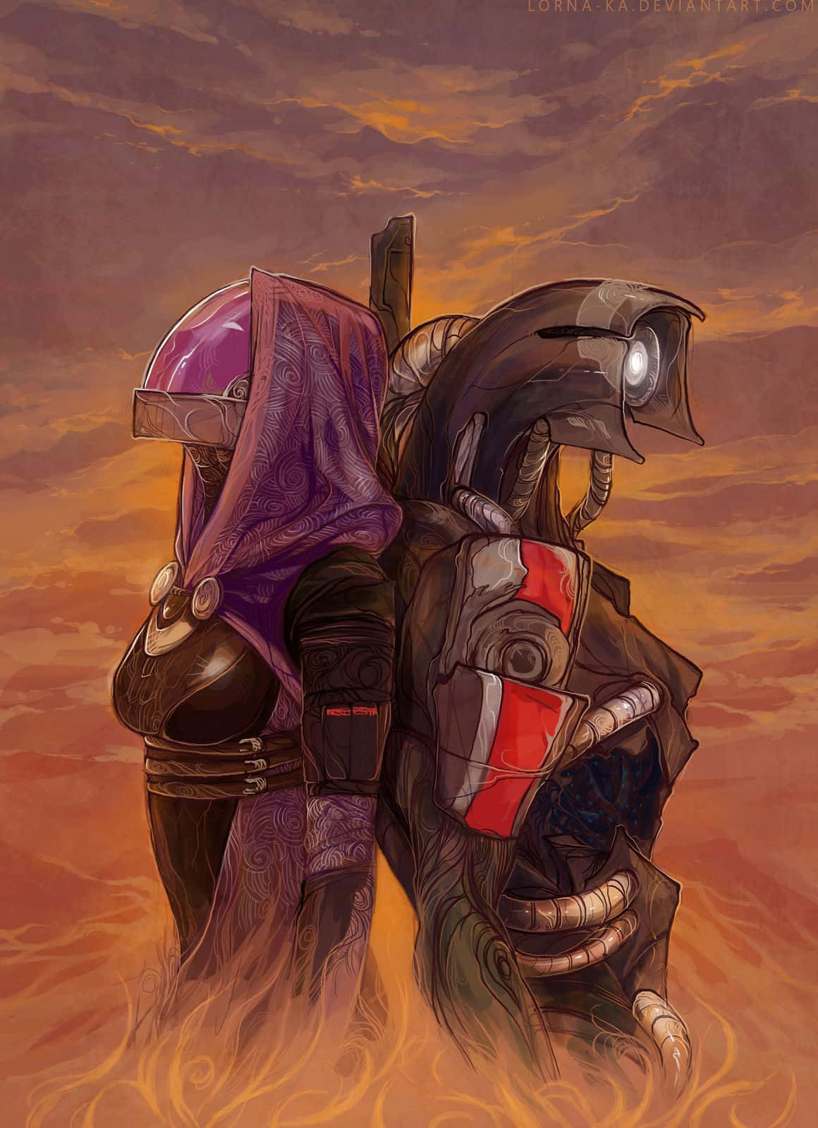 Mass Effect Legion 桌布 壁紙 — 兩個身穿盔甲的人物背靠背站立，背景是熾熱的橙色日落天空，腳下有旋轉的火焰。