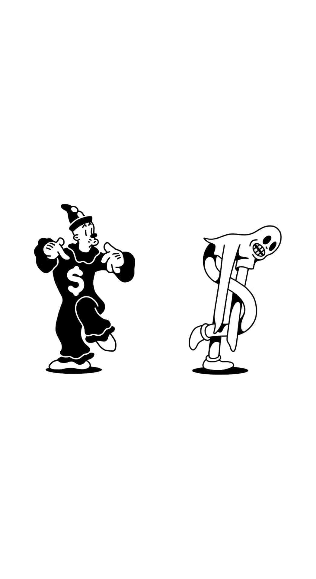  壁紙 — 兩個黑白卡通角色，一個打扮成金錢巫師，另一個是鬼魂般的人物，兩者都擺出動態姿勢。