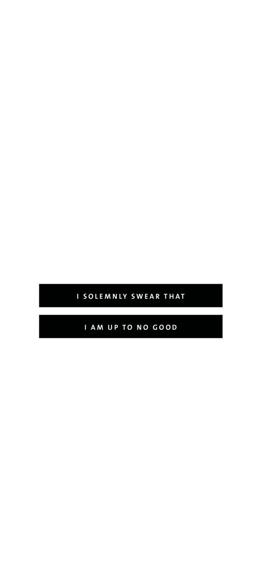  壁紙 — 兩個黑色矩形條，上面有白色文字寫著「I SOLEMNLY SWEAR THAT」和「I AM UP TO NO GOOD」，居中在純白色背景上。