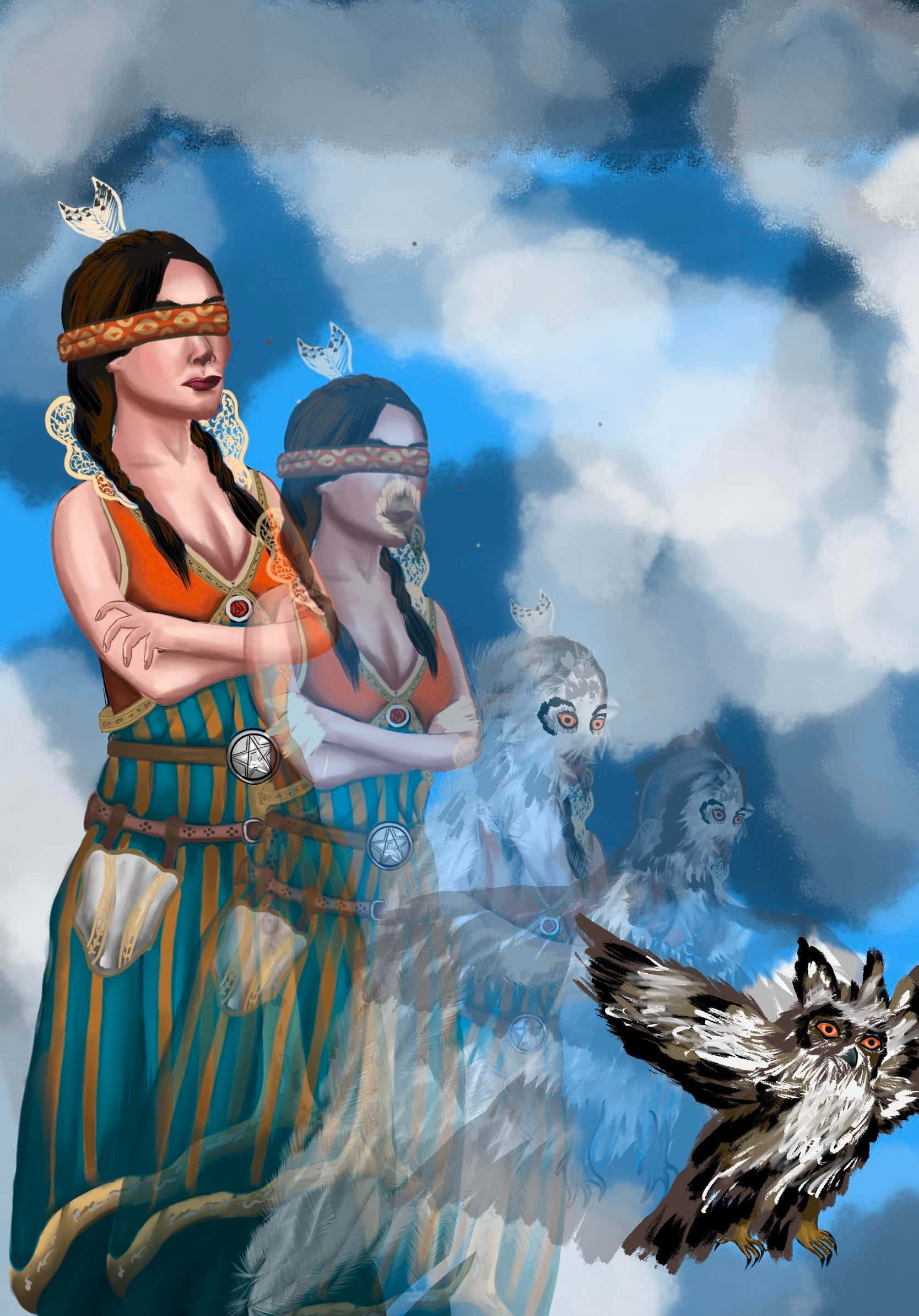 Philippa Eilhart 桌布 壁紙 — 兩名戴著眼罩、身穿部落服飾的女性，在戲劇性的多雲天空下與貓頭鷹一同站立。