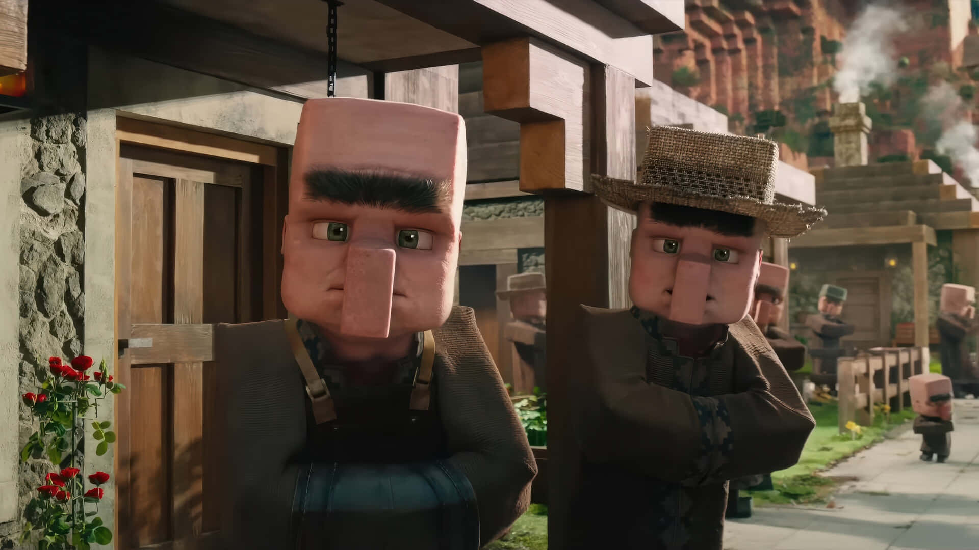  壁紙 — 兩個方塊狀嘅Minecraft村民，帶住像素化嘅面孔，企喺一個有紅玫瑰附近嘅質樸木造村莊入面。