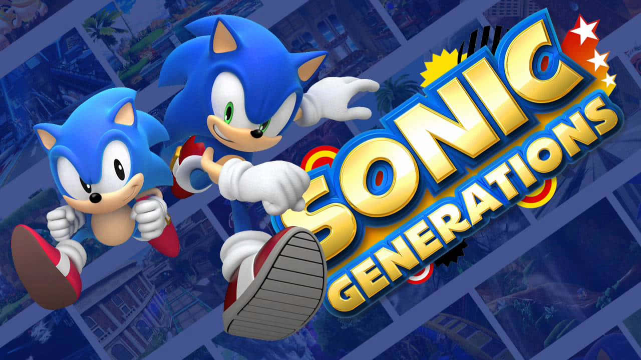  壁紙 — 兩隻藍色刺蝟在遊戲背景拼貼畫上動態競賽，帶有粗體金色「Sonic Generations」文字。