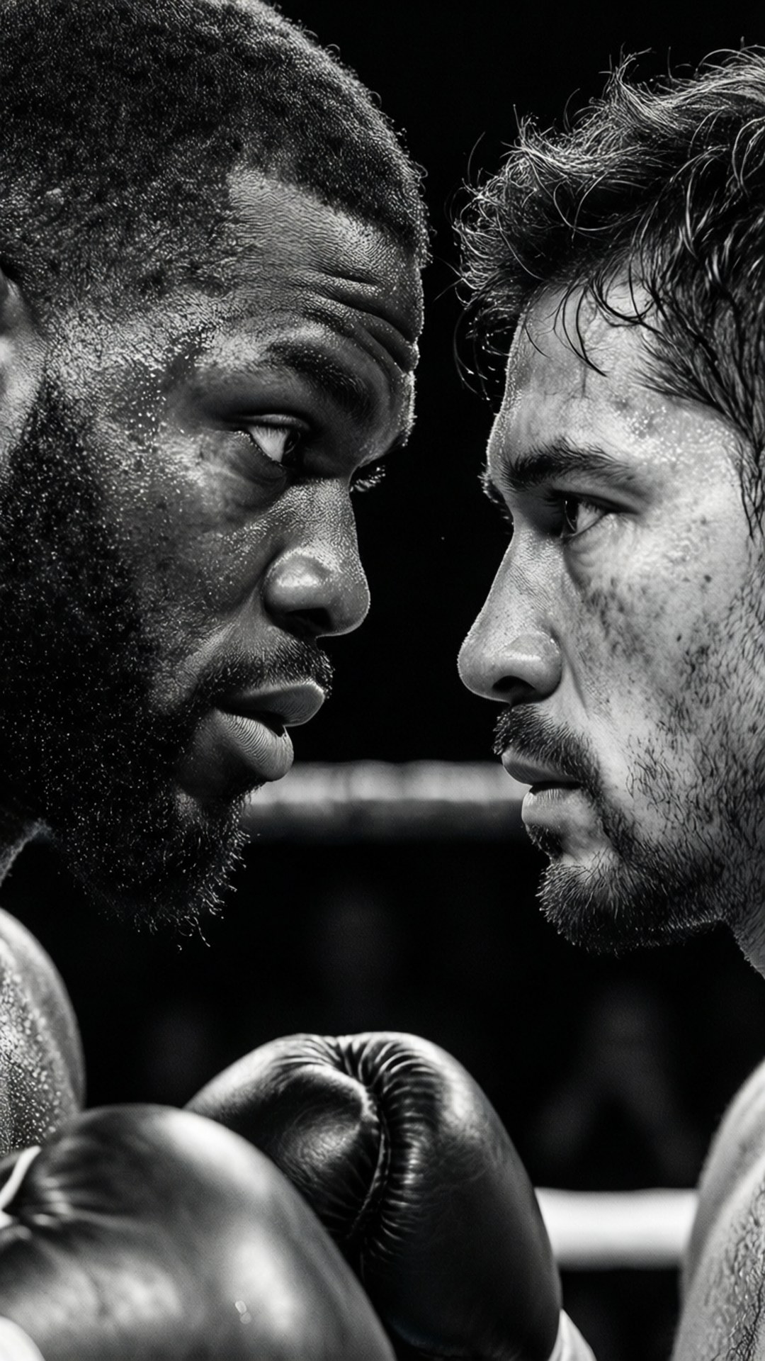 Gervonta Davis Vs Leo Santa Cruz 桌布 壁紙 — 兩名拳擊手在緊張的黑白特寫中對峙，汗水在他們激烈的表情上閃閃發光。