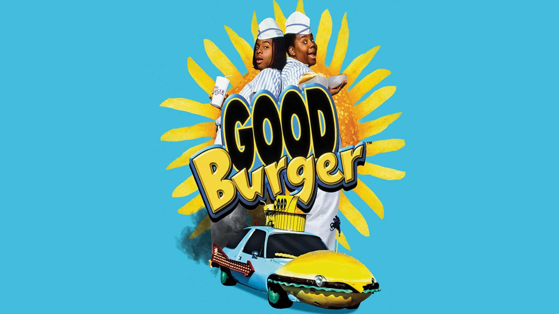  壁紙 — 兩位戴著廚師帽的漢堡翻轉員站在巨型向日葵後面，帶有'Good Burger'標誌和漢堡形狀的汽車，背景是明亮的藍色。