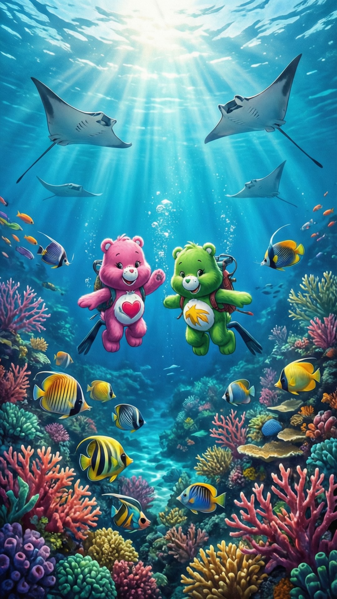 Care Bears 桌布 壁紙 — 兩隻Care Bears在陽光照耀的珊瑚礁中潛水，周圍環繞著色彩繽紛的魚類和優雅的魔鬼魚。