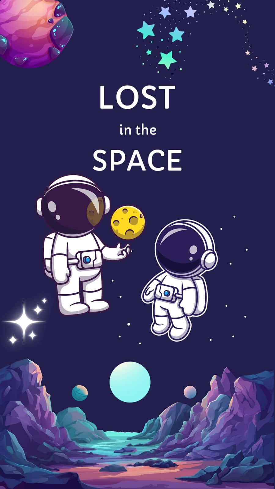  壁紙 — 兩個卡通太空人在充滿活力的宇宙景觀中漂浮，在岩石地形上方手持一個帶有星星和彩色行星的月球。