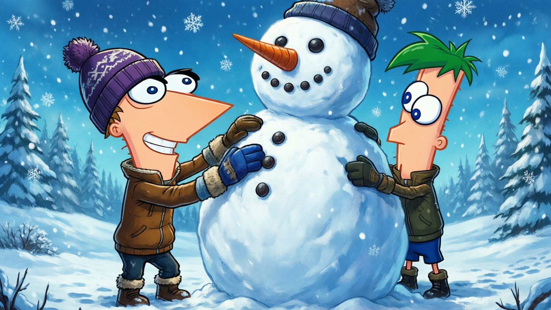 Phineas And Ferb 桌布 壁紙 — 兩個卡通男孩在雪花飄落的雪地森林中堆雪人。