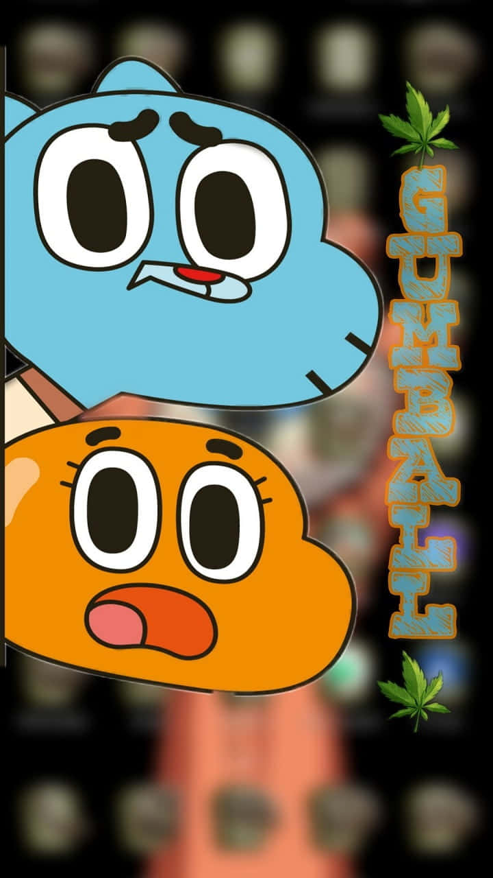 卡通角色 Gumball 和 Darwin 帶著驚訝的表情和大麻葉。