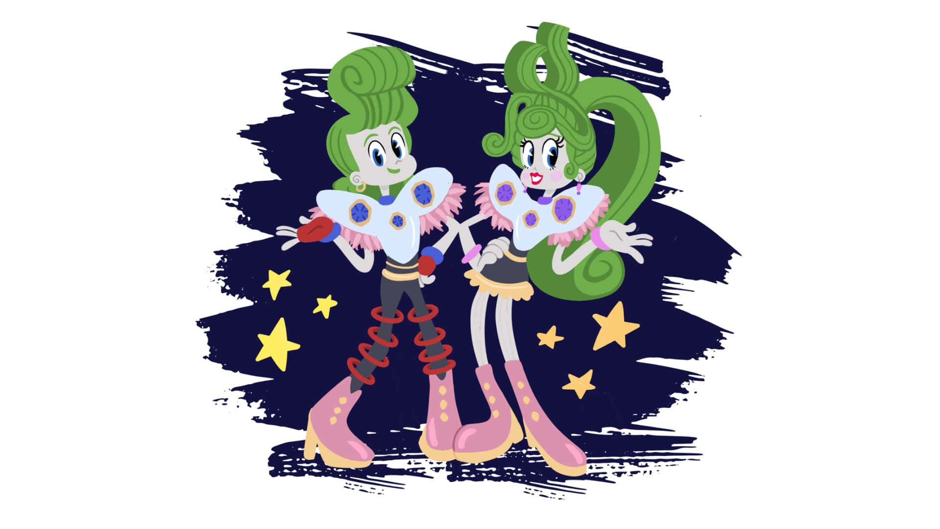  壁紙 — 兩個綠色頭髮、身穿星星服裝的卡通角色，在深藍色筆觸背景上擺姿勢，背景有黃色星星。