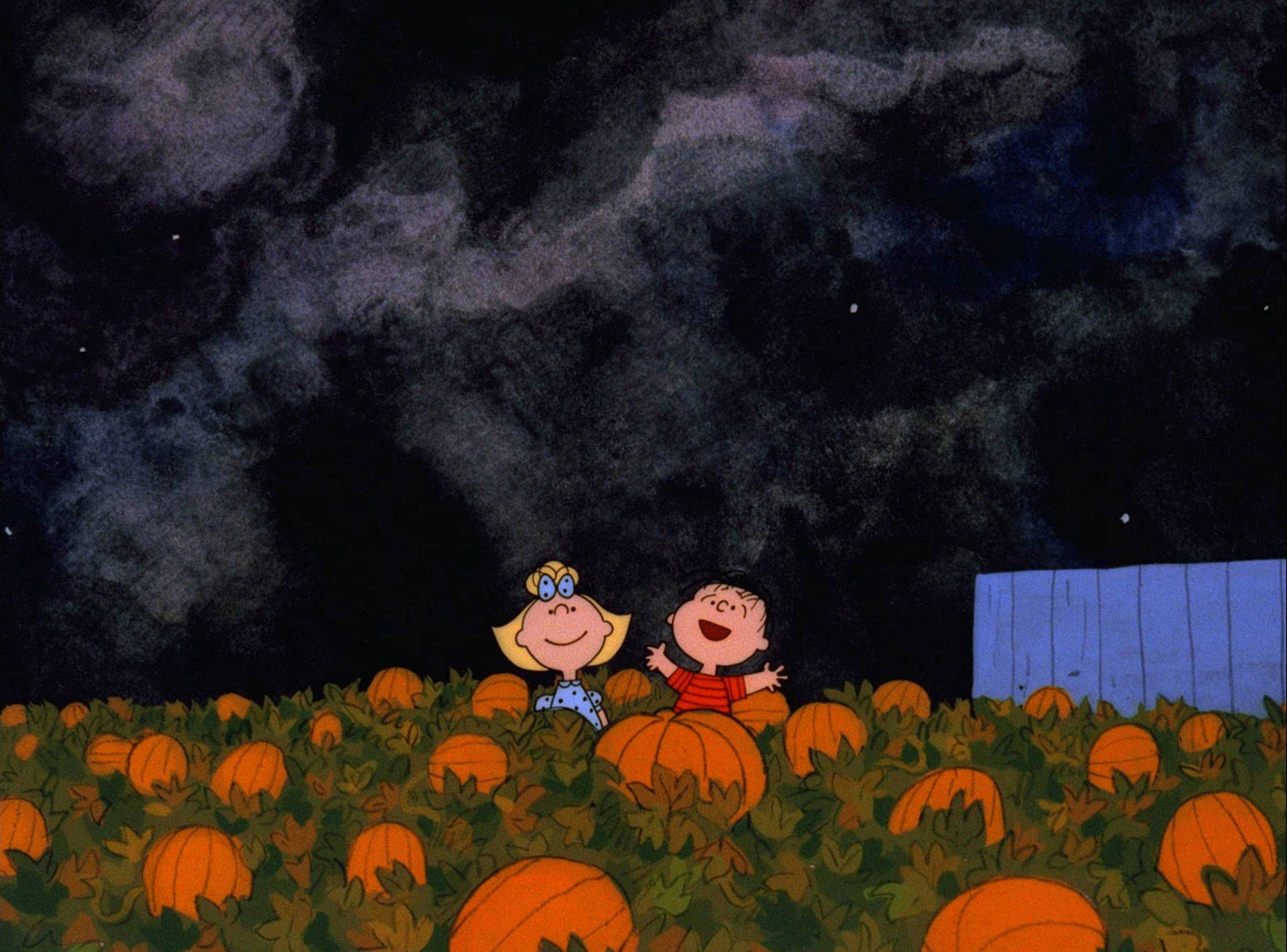 兩個小孩在星空下的南瓜田裡微笑玩耍。