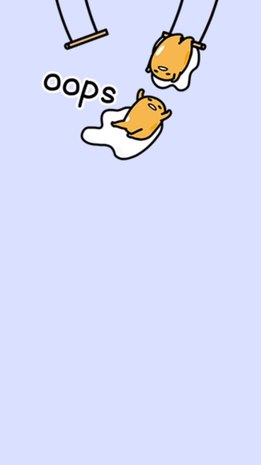 全能 Gudetama 手機，滿足所有需求 壁紙 — 兩個卡通雞蛋角色在鞦韆上跌下半空，淺藍色背景上寫著「哎呀」。