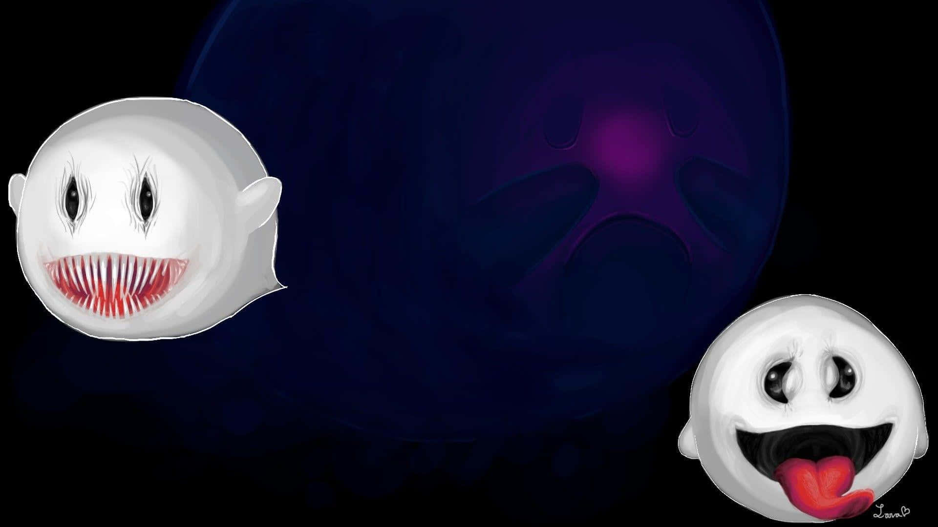 King Boo 桌布 壁紙 — 兩個卡通鬼魂帶著誇張的笑容和尖銳的牙齒，漂浮在深紫色宇宙背景上。