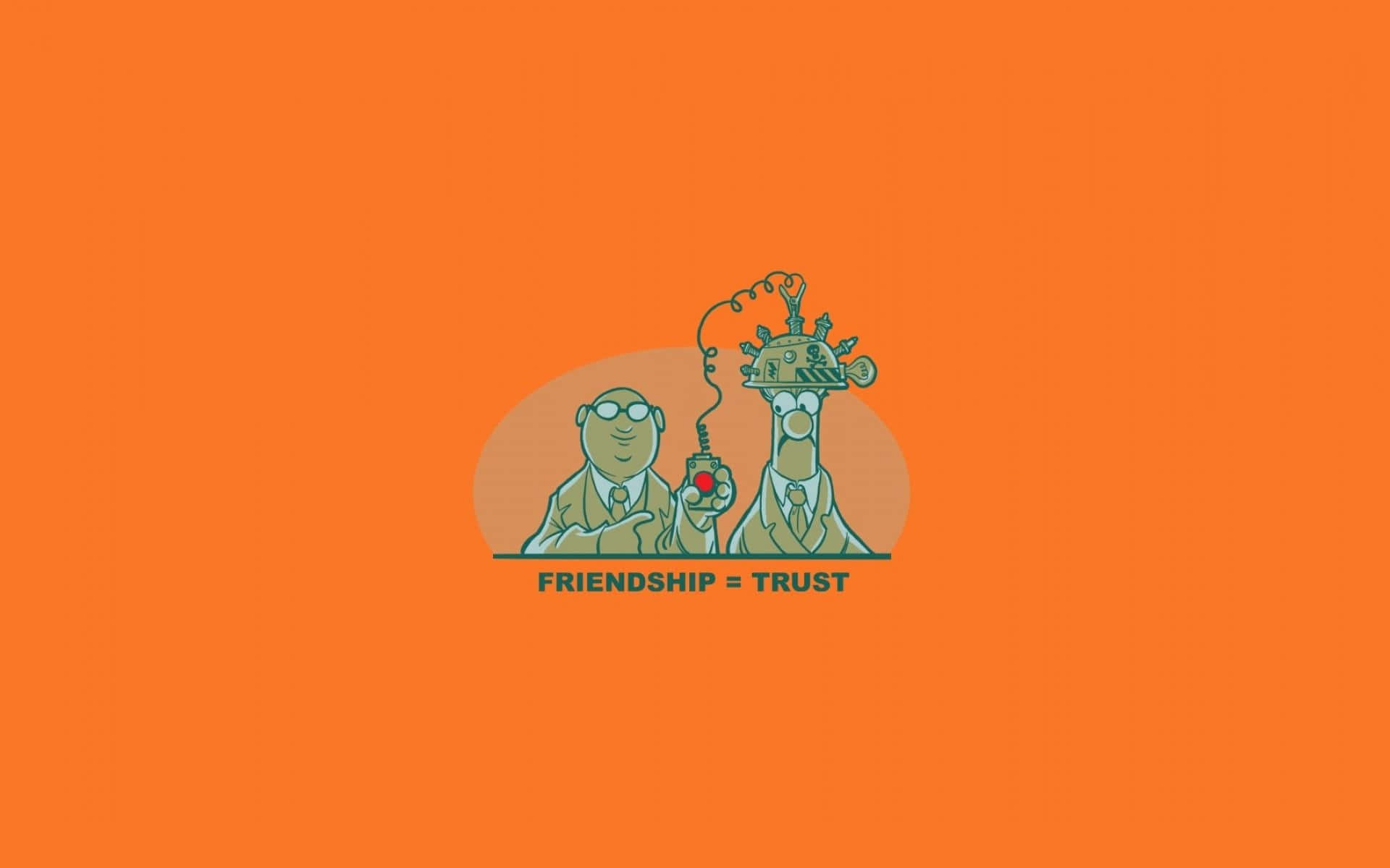  壁紙 — 兩位身穿西裝的卡通科學家，在純橙色背景上，分享一個紅蘋果，上方有一個蒸氣龐克裝置。