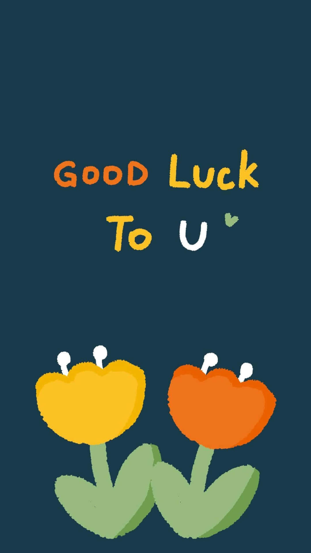  壁紙 — 兩朵卡通鬱金香，帶有凸眼和一個愉快的「Good Luck To U」訊息，背景為深藍綠色。