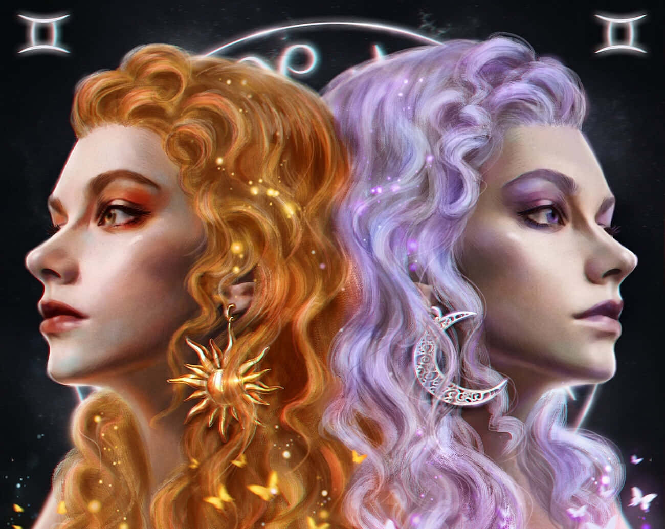  壁紙 — 兩位天界女子，金紫髮飾以太陽月亮符號，凝視繁星宇宙背景。