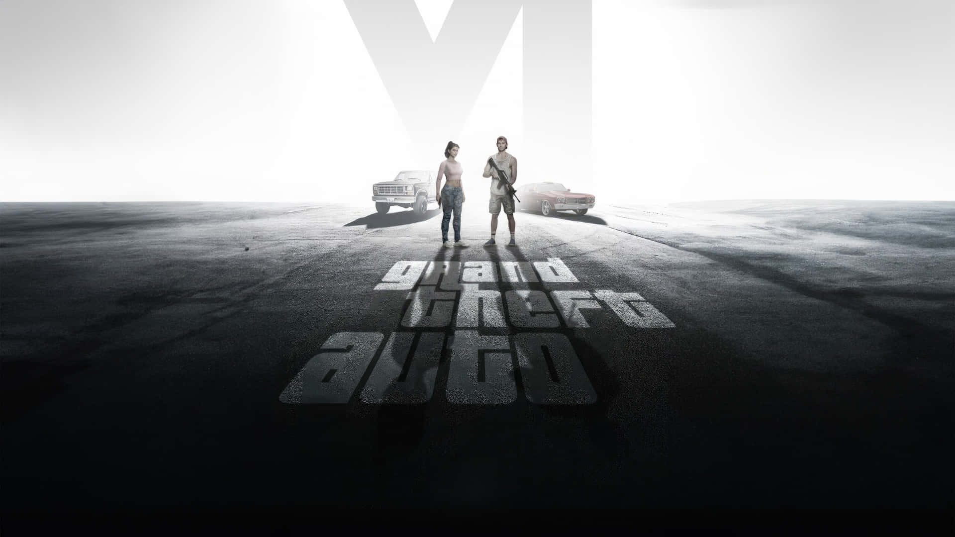  壁紙 — 兩個角色站在一個廣闊的空地上，有兩輛車和Grand Theft Auto標誌畫在地面上，天空明亮。