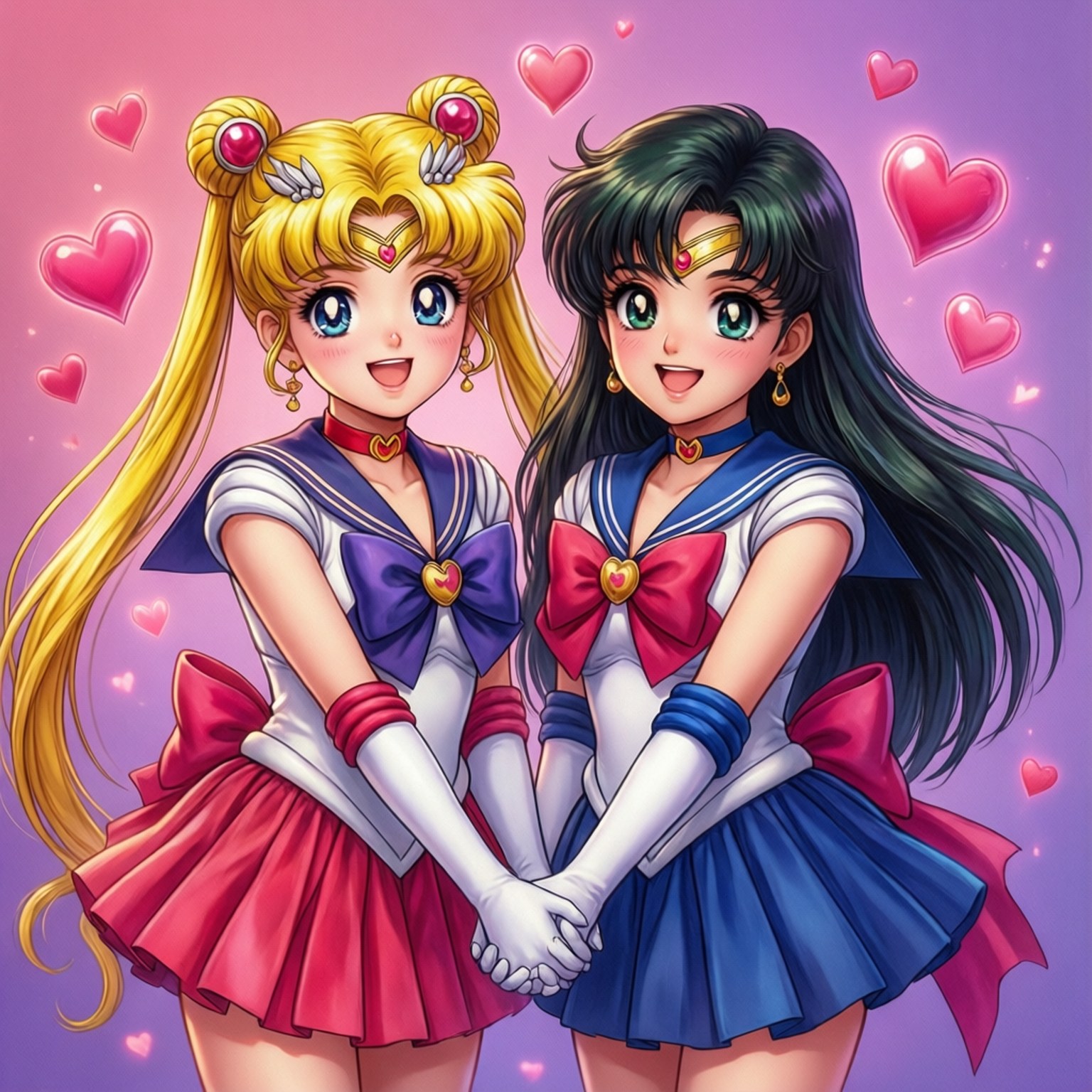Moon Duo Friendship 壁紙 — 兩個穿著水手服嘅開心動畫女仔喺充滿漂浮心形嘅粉紅紫色背景前拖住手。