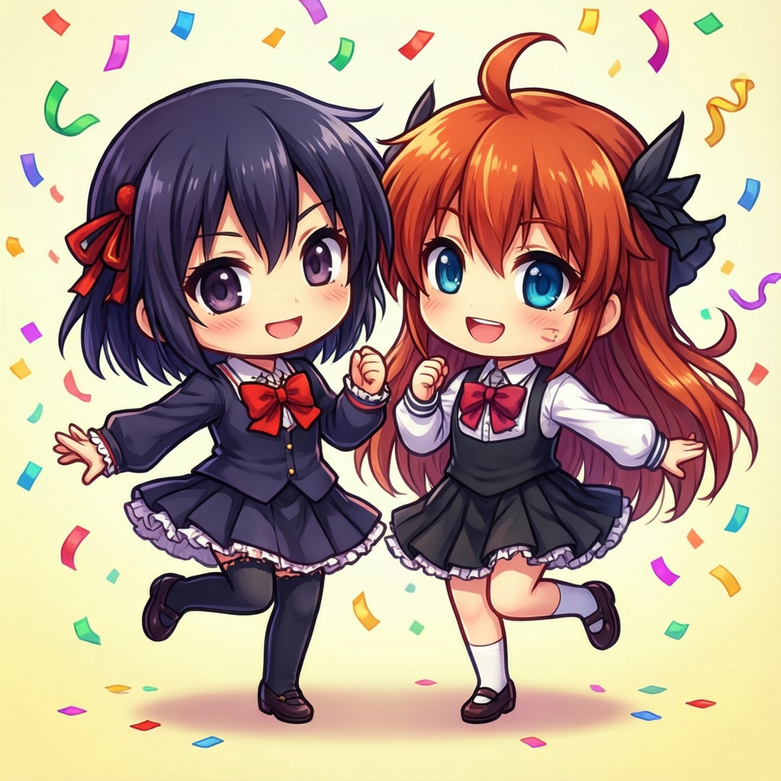 Chibi跳舞派對 壁紙 — 兩個穿著校服的開心動畫女孩在五彩紙屑飄落時歡快地跳躍。
