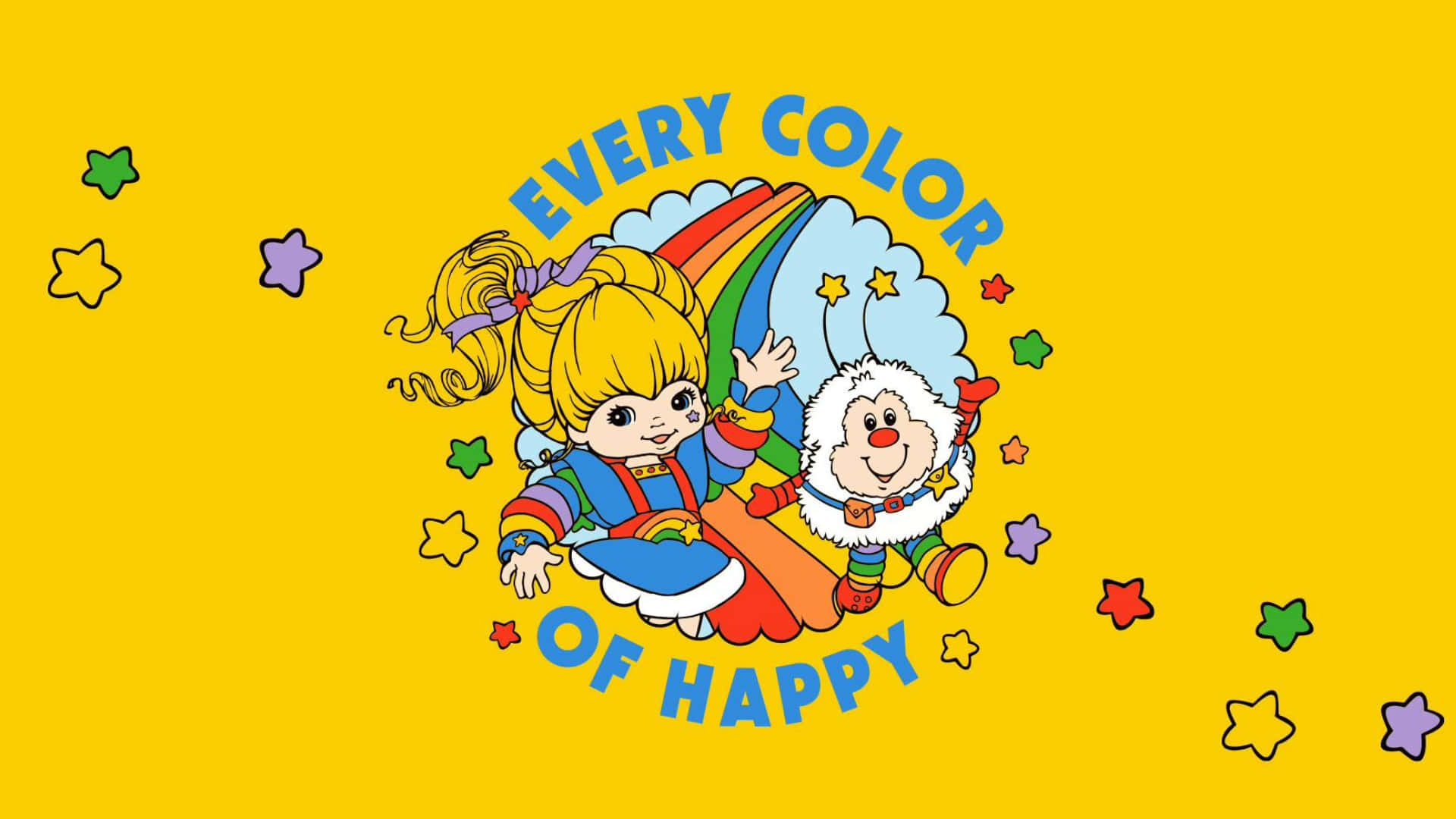  壁紙 — 兩個快樂的卡通小孩，擁有彩虹頭髮和星星，在明亮的黃色背景上愉快地漂浮。