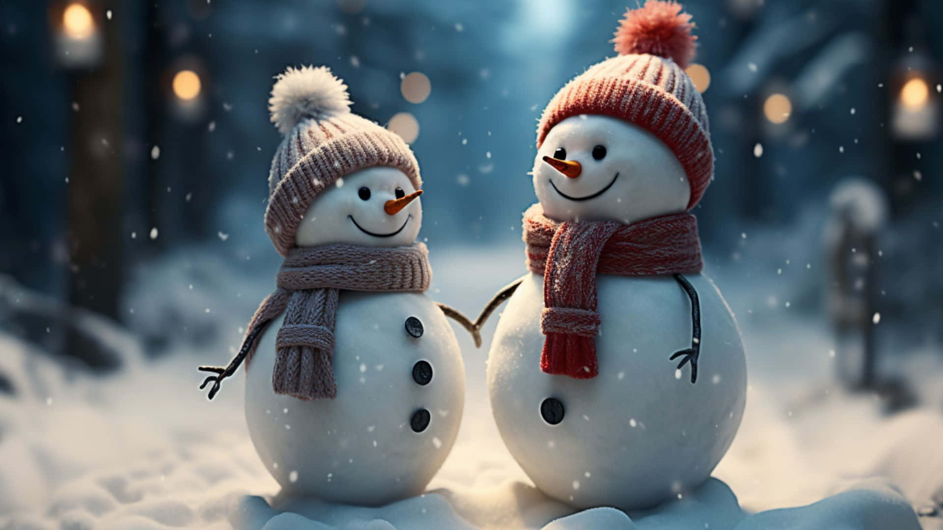  壁紙 — 兩個戴著針織帽和圍巾的快樂雪人，在一個有柔和燈光背景的雪白冬日場景中緊密地站在一起。