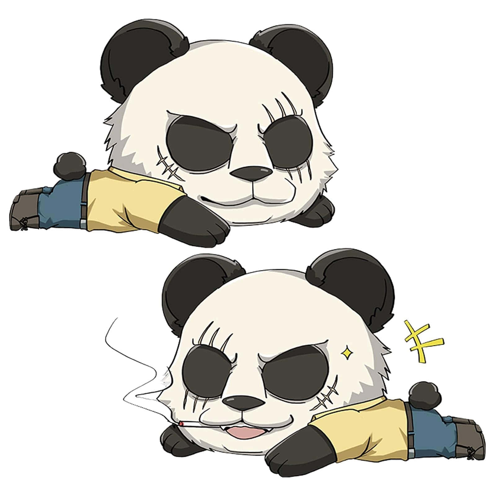  壁紙 — 兩隻穿著黃色襯衫的Q版熊貓躺著，一隻在奸笑，另一隻在抽煙，附近有一個黃色十字標誌。