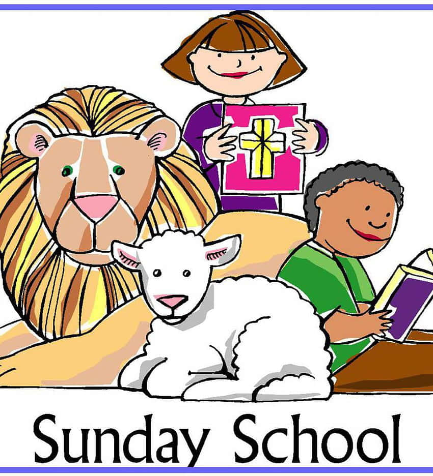  壁紙 — 兩個孩子和動物，包括獅子和羔羊，在帶有十字架和書籍的主日學插圖中。