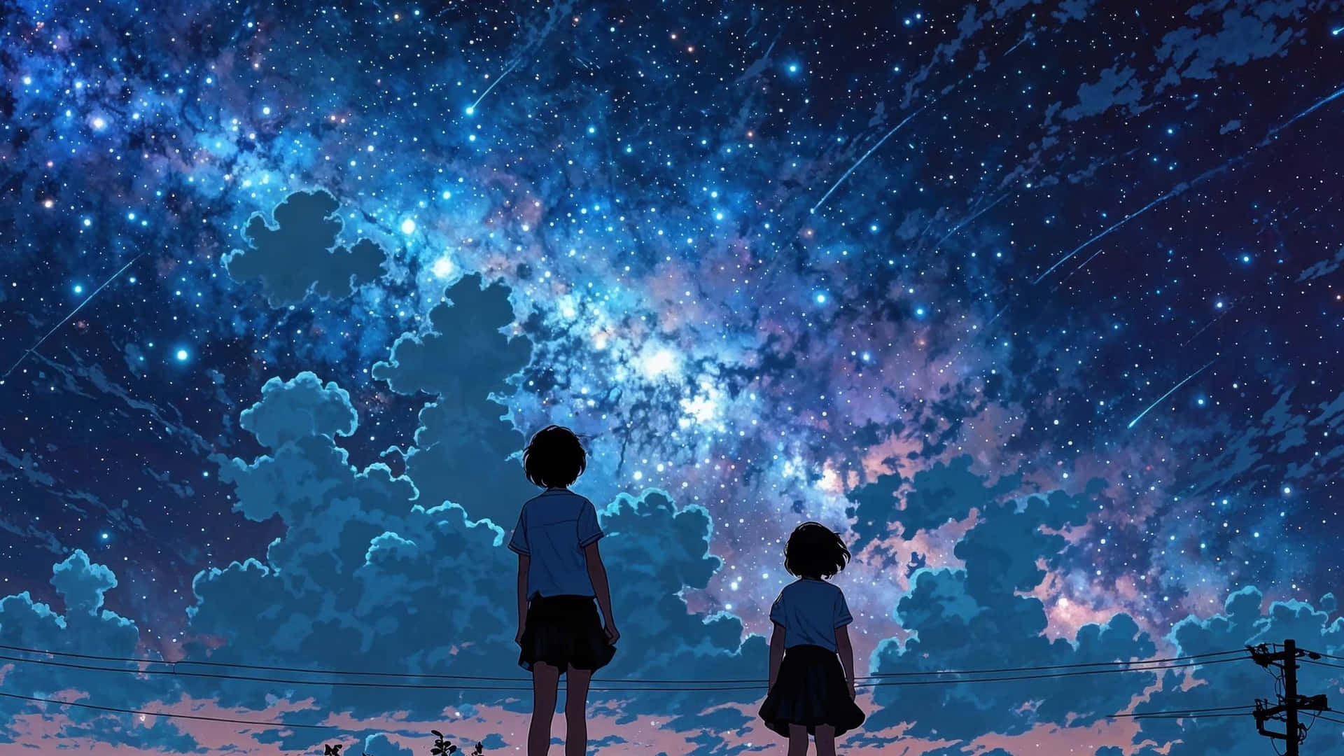  壁紙 — 兩個穿著校服的孩子仰望雲層之上充滿流星和發光星雲的鮮豔星空。