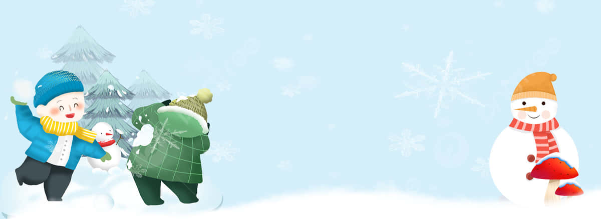  壁紙 — 兩個穿著冬季裝備的孩子在一個戴著帽子和圍巾的快樂雪人旁邊開心地堆雪人。